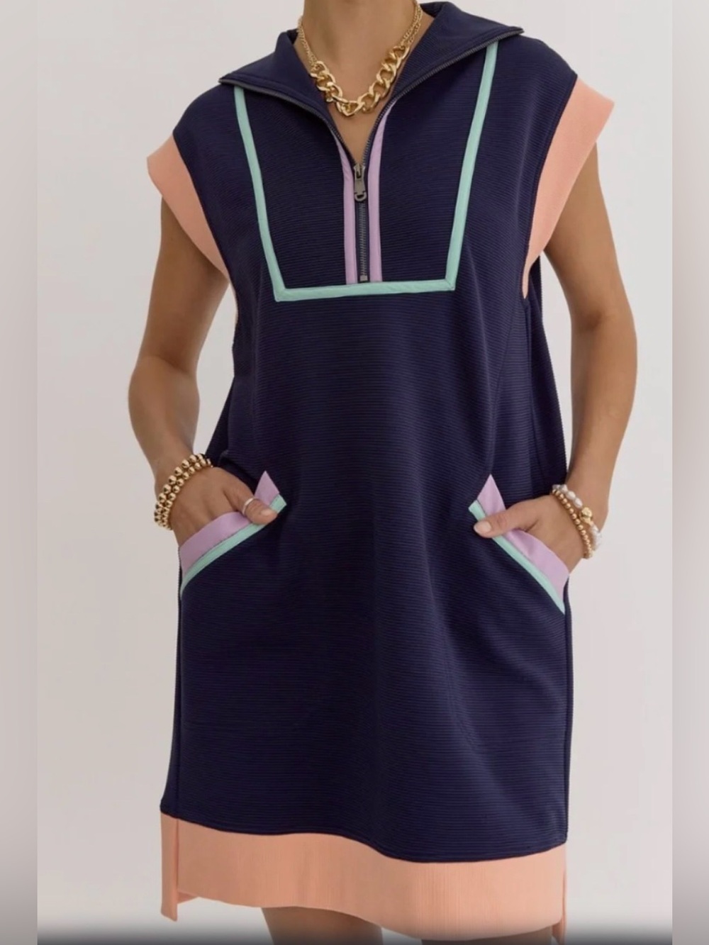 Entro Cap Sleeve Colorblock Textured Zip Up Minidress Navy Size M